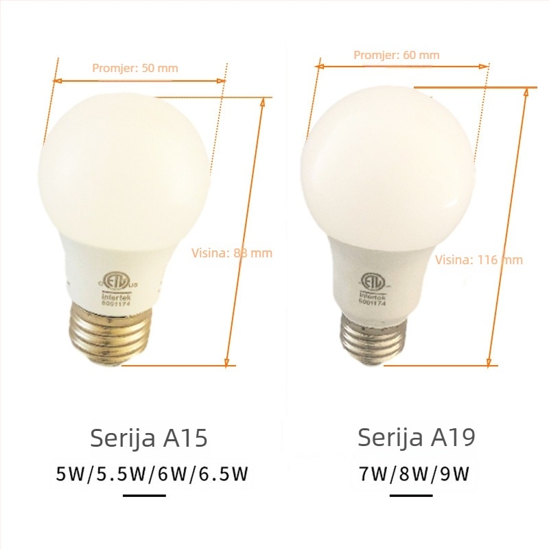LED žarulja A19, ETL certificirana, američki standard, regulabilna tiristorom, 120V, 7-9W, A60