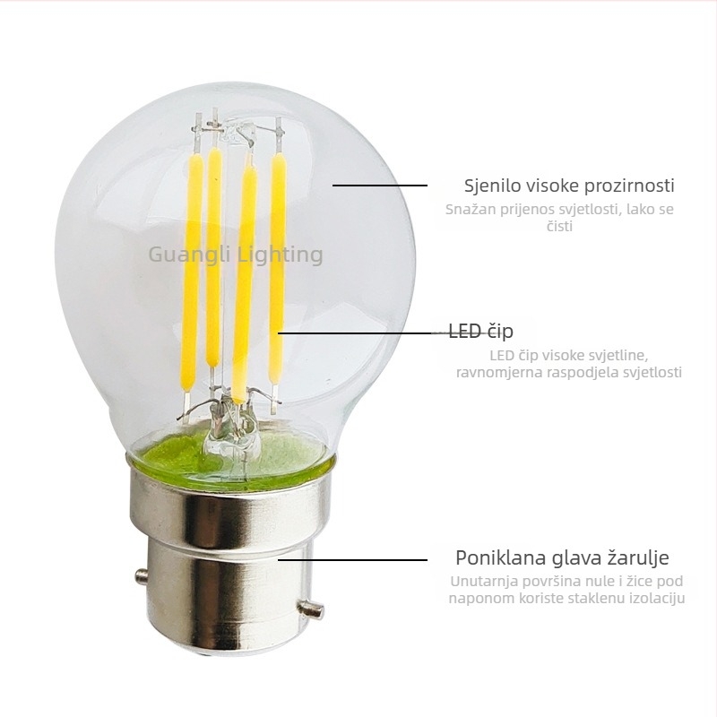 G45 prozirna staklena LED žarulja s filamentom, 360° snop, B22 navoj