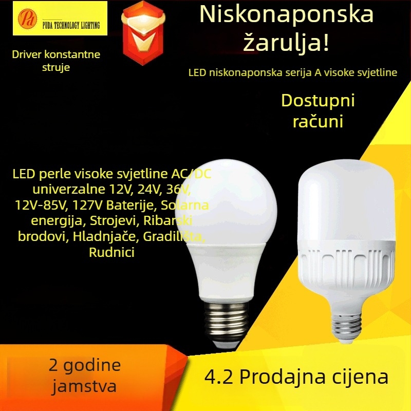 LED žarulja niskog napona, AC/DC 12–85V, E27 utičnica, 120° snop, CRI 80–90, IP54