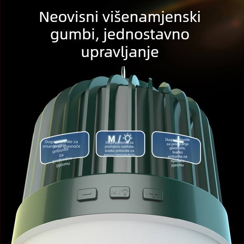 Punjiva Bluetooth glazbena žarulja s E27, za kućnu i vanjsku upotrebu, 42 LED, 1800 lm, snop 180°, podešavanje jačine, ugrađena litij-ionska baterija