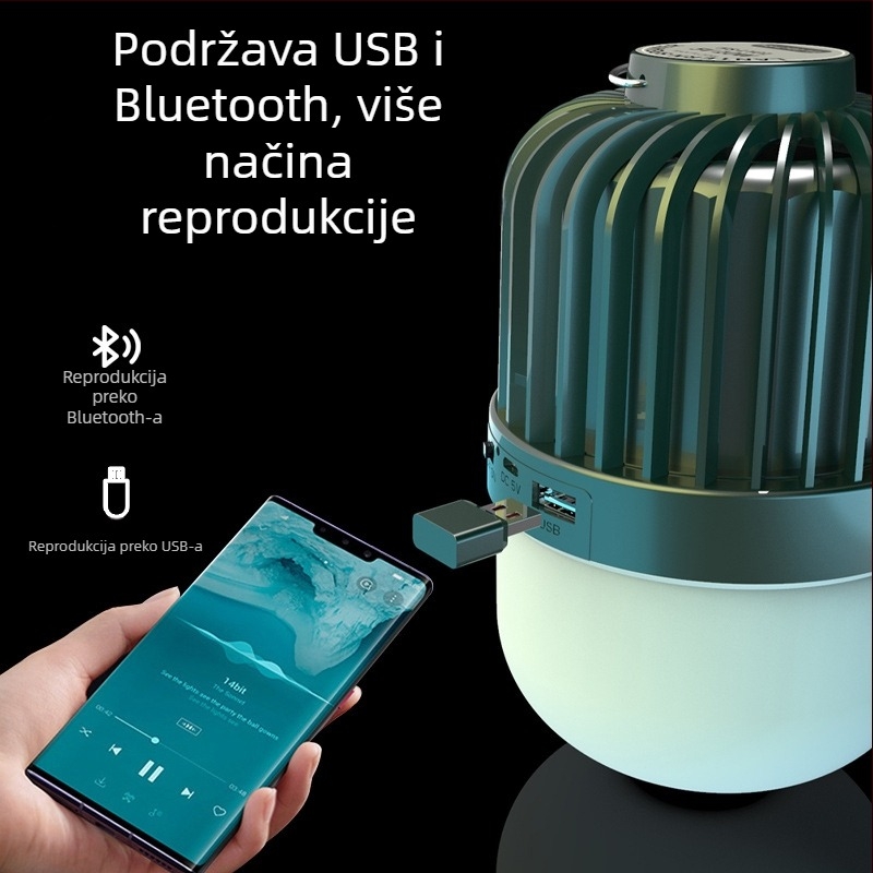 Punjiva Bluetooth glazbena žarulja s E27, za kućnu i vanjsku upotrebu, 42 LED, 1800 lm, snop 180°, podešavanje jačine, ugrađena litij-ionska baterija