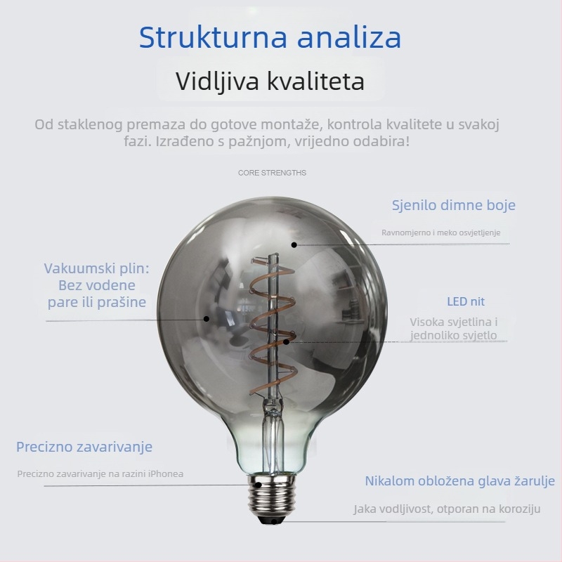 G95/G125 LED filament žarulja, tamno siva završna obrada, 2–8W, regulacija, bez treptanja, 220V, E27/B22, IP44, Ø95×138 mm, 20000h, CRI 80–90
