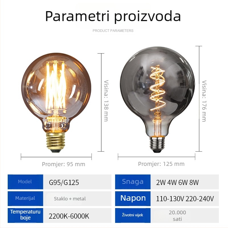 G95/G125 LED filament žarulja, tamno siva završna obrada, 2–8W, regulacija, bez treptanja, 220V, E27/B22, IP44, Ø95×138 mm, 20000h, CRI 80–90