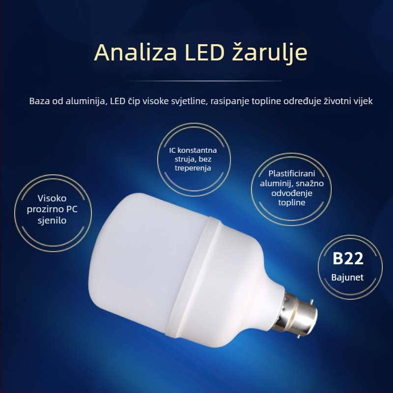Versatile LED Žarulja s bajonetnim priključkom, visoka svjetlost, ušteda energije, zaštita očiju, konstantni tok, bez treperenja, kućište od aluminija s plastičnim pokrovom, B22, 220V, 1620 lm