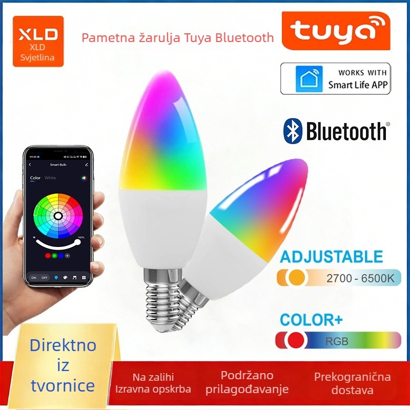 Tuya Smart Bluetooth 5W E14 RGB+CCT LED svijećna žarulja s regulacijom jačine svjetla i boje, vremensko programiranje i dvostruki Wi‑Fi način upravljanja, C37