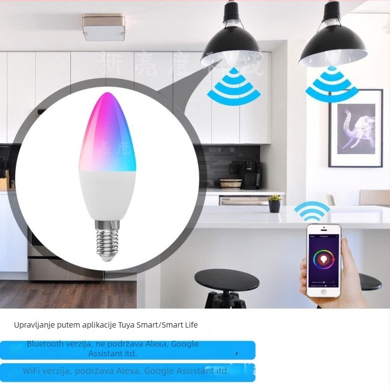 Tuya Smart Bluetooth 5W E14 RGB+CCT LED svijećna žarulja s regulacijom jačine svjetla i boje, vremensko programiranje i dvostruki Wi‑Fi način upravljanja, C37