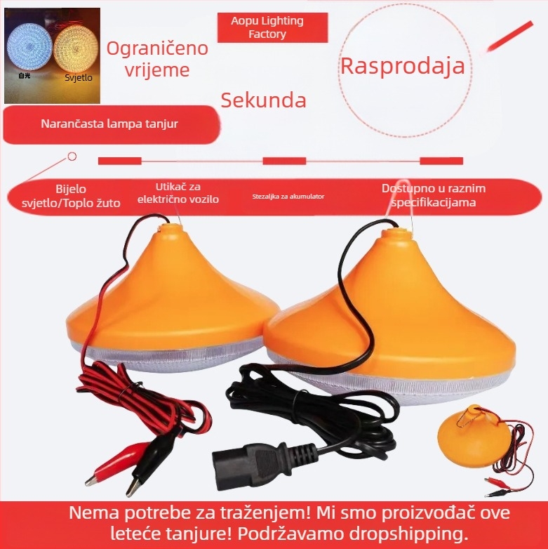 LED svjetiljka u obliku letećeg tanjura, IP65, 2300 lm, E27 utičnica, USB napajanje, 12V DC, plastično kućište