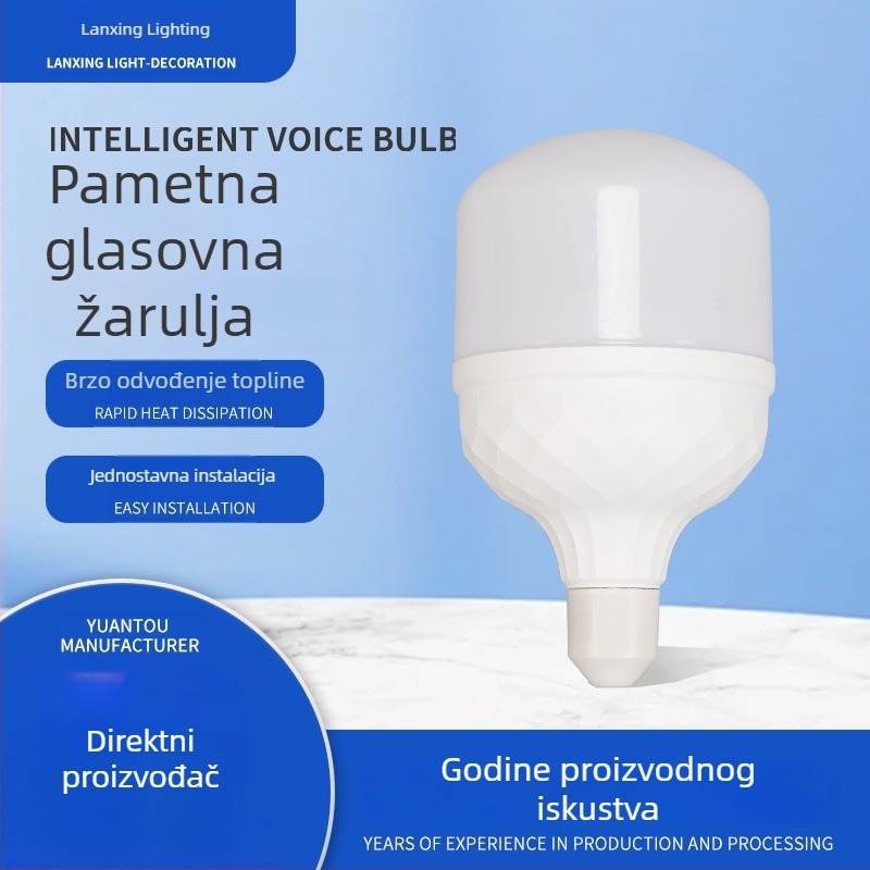 LED žarulja s glasovnim upravljanjem, tijelo od aluminija premazanog plastikom, trostrana zaštita, E27 navoj, energetski štedljivo kućno osvjetljenje
