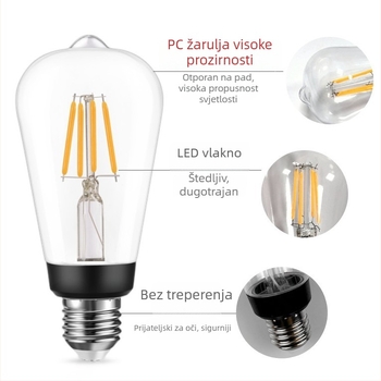 ST64 LED Edison žarulja s filamentom, PC plast, otporna na lomljenje, viseća lampa, visoka snaga, retro industrijski stil