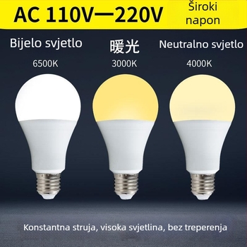 LED žarulja s plastičnim premazom od aluminija, 110–265V, oblik A19, baze E27/B22, 5000 lm, IP44