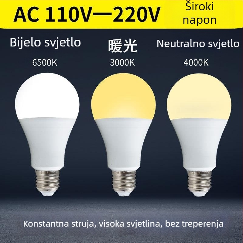 LED žarulja s plastičnim premazom od aluminija, 110–265V, oblik A19, baze E27/B22, 5000 lm, IP44