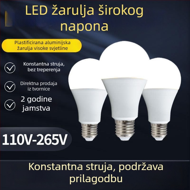 LED žarulja s plastičnim premazom od aluminija, 110–265V, oblik A19, baze E27/B22, 5000 lm, IP44