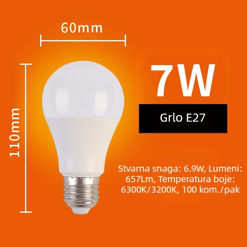 LED A19 kućna žarulja, aluminijsko kućište s plastičnim premazom, široki raspon napona 110–220V, visoka svjetlost, pogon konstantnim strujama, B22 utičnica, IP65, garancija 2 godine