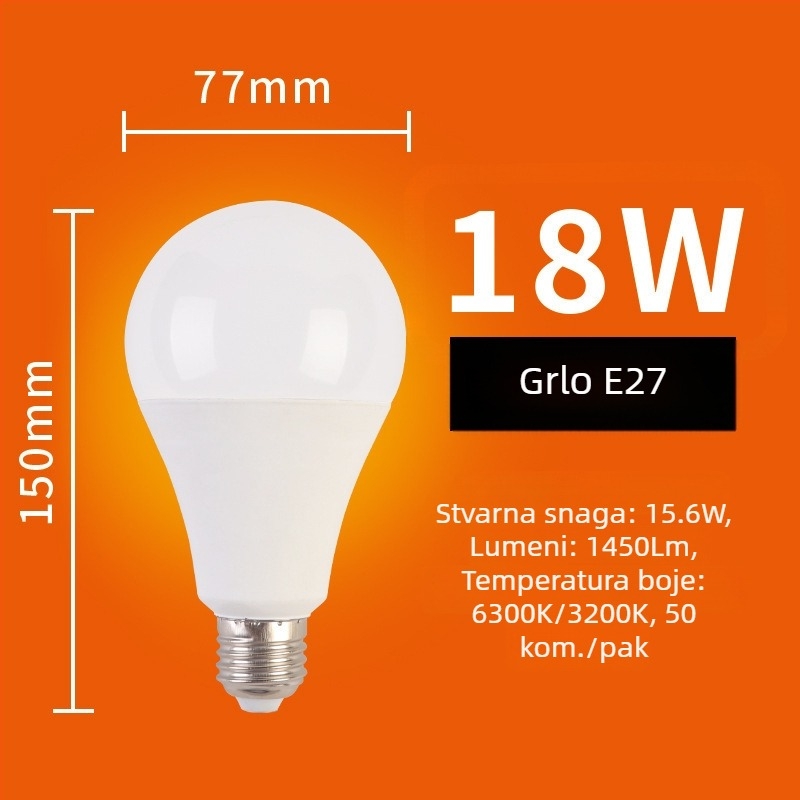 LED A19 kućna žarulja, aluminijsko kućište s plastičnim premazom, široki raspon napona 110–220V, visoka svjetlost, pogon konstantnim strujama, B22 utičnica, IP65, garancija 2 godine