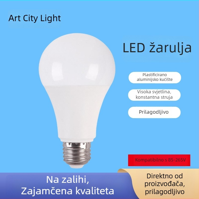 LED A19 kućna žarulja, aluminijsko kućište s plastičnim premazom, široki raspon napona 110–220V, visoka svjetlost, pogon konstantnim strujama, B22 utičnica, IP65, garancija 2 godine