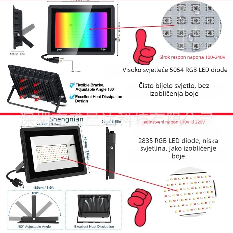 RGB vanjski LED reflektor, otporan na vodu, daljinsko upravljanje, 50W/100W, višebojno osvjetljenje za drveće i vrt
