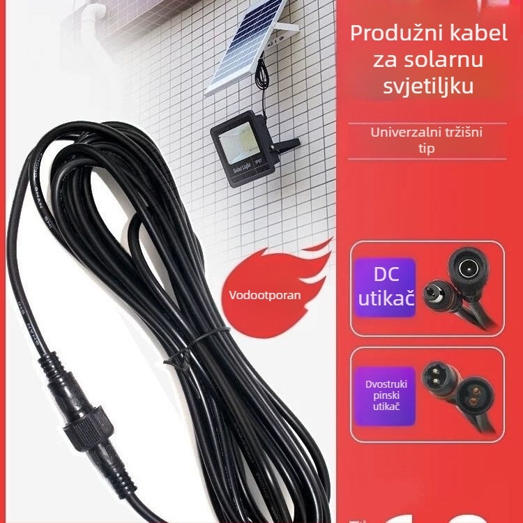 Produžni kabel za solarnu lampu s dvostrukim pin konektorom, vodootporan, UV-otporan, za projektor ili ulično osvjetljenje, produženi debeli kabel