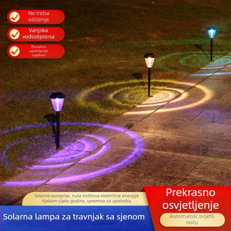 Vanjska solarna lampica za travnjak s ugrađenim šiljkom u tlo, projekcija kruga svjetla za vrt, park i stazu – krajinska rasvjeta