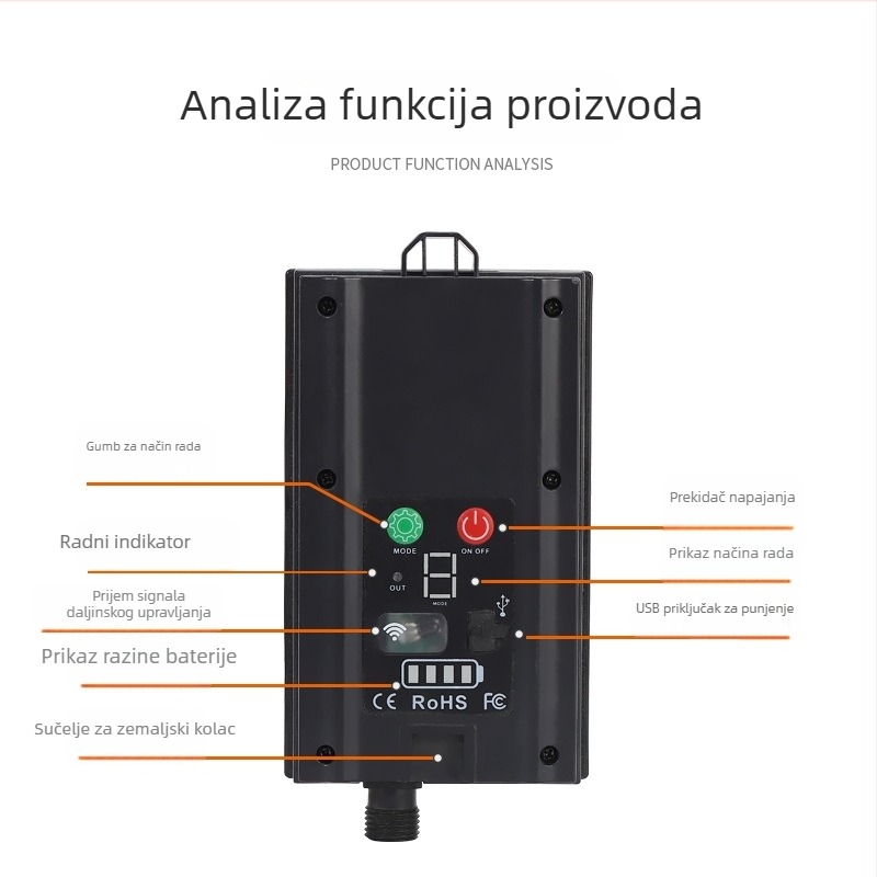 Daljinski upravljana LED solarna lampa, vanjska vodootporna, punjiva, s 8 načina osvjetljenja