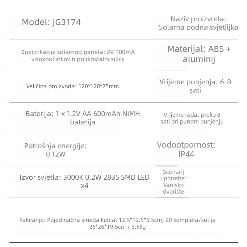 Prilagođene solarne podzemne svjetiljke za vanjske dvorišne prostore i stepenice – vodootporne IP44