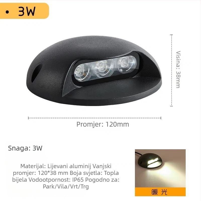 LED vanjska rasvjeta za stazu sa bočnim zračenjem za stepenice, vodootporna, aluminijsko kućište, 3W, 24V DC, IP65, boje: crvena, žuta, plava, zelena i toplo bijela