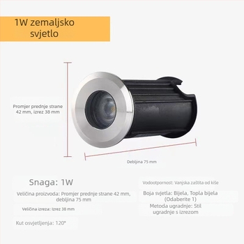 Mini podzemna LED svjetiljka, ugrađena u tlo, vanjska vodootporna, 1W, 12V/24V/220V, topla bijela 3000K, osvjetljenje stepenica