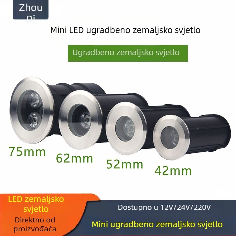 Mini podzemna LED svjetiljka, ugrađena u tlo, vanjska vodootporna, 1W, 12V/24V/220V, topla bijela 3000K, osvjetljenje stepenica