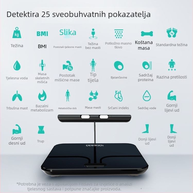 Osmoelektrična vaga za tjelesnu masnoću s Bluetoothom, punjiva, za kućnu upotrebu, točno mjerenje tjelesne težine i postotka tjelesne mase te vode, 5–180 kg