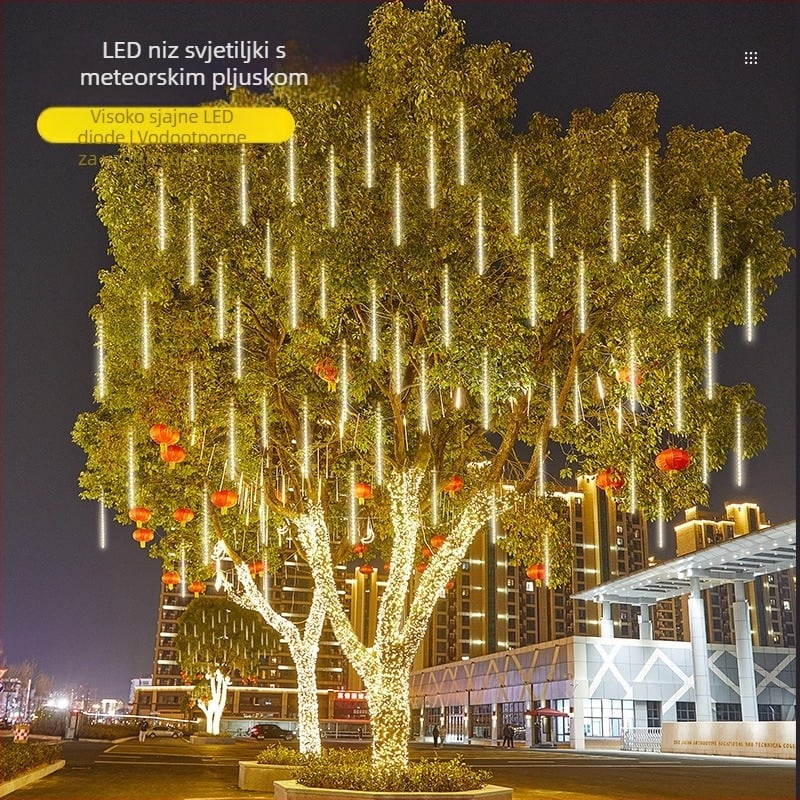 Solarne LED niti s učinkom meteorske kiše, vodootporne za drveće, viseće svjetiljke za vjenčanja, vanjske šarene male lampe, duljine 4 m, 72 LED, IP68, 2000K topla bijela