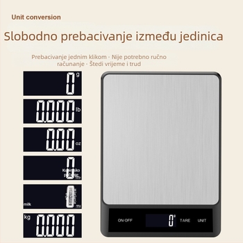 Kuhinjska vaga od nehrđajućeg čelika s ravnom pločom, preciznost 1 g, raspon mjerenja 1 g–15 kg, kapacitet 15 kg.