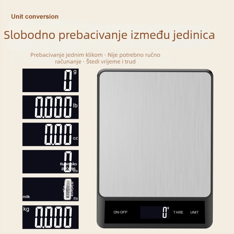 Kuhinjska vaga od nehrđajućeg čelika s ravnom pločom, preciznost 1 g, raspon mjerenja 1 g–15 kg, kapacitet 15 kg.