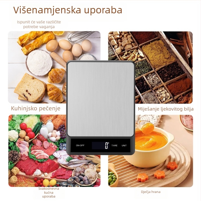 Kuhinjska vaga od nehrđajućeg čelika s ravnom pločom, preciznost 1 g, raspon mjerenja 1 g–15 kg, kapacitet 15 kg.