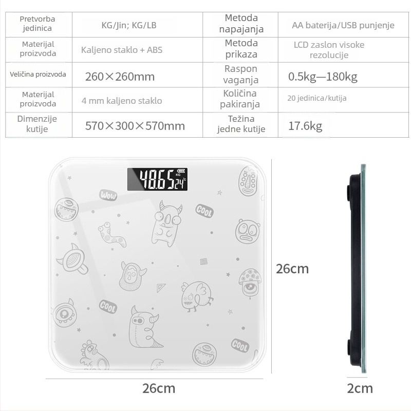Big Orange punjiva digitalna vaga za kupaonicu, kapacitet 180 kg, dimenzije 26×26 cm, USB punjenje