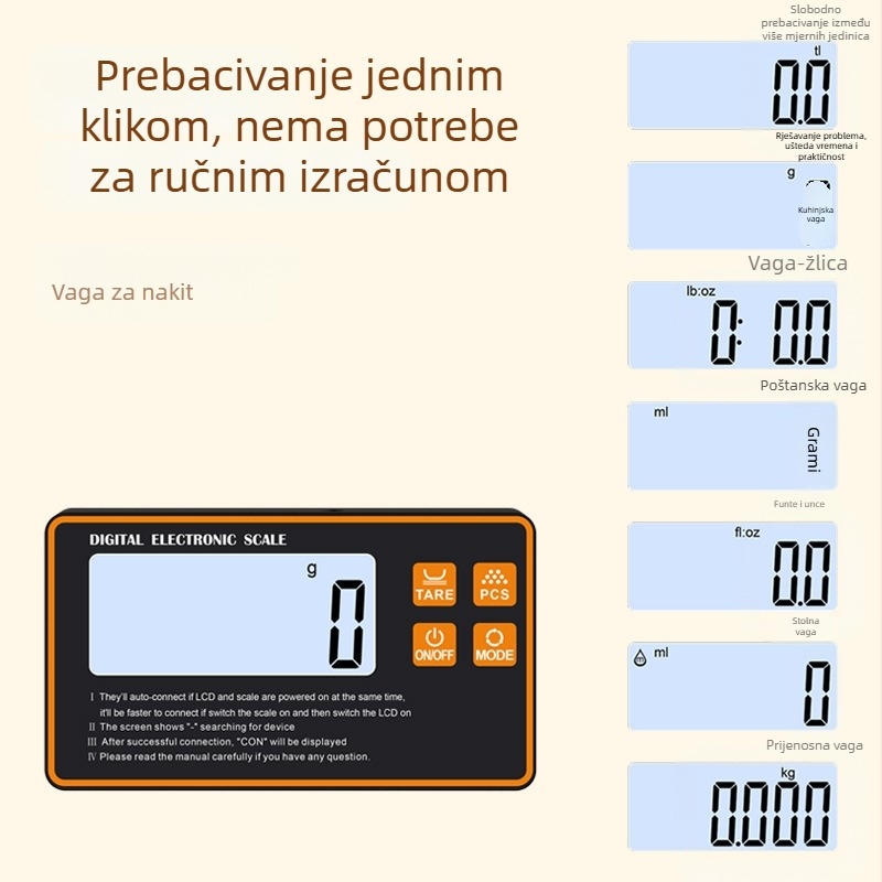Split-tip kuhinjska vaga s pametnim elektronskim mjerenjem, rezolucija 1 g, kompaktna vaga za gram uz kućnu upotrebu, visoka preciznost za hranu, raspon mjerenja 5 g–15 kg