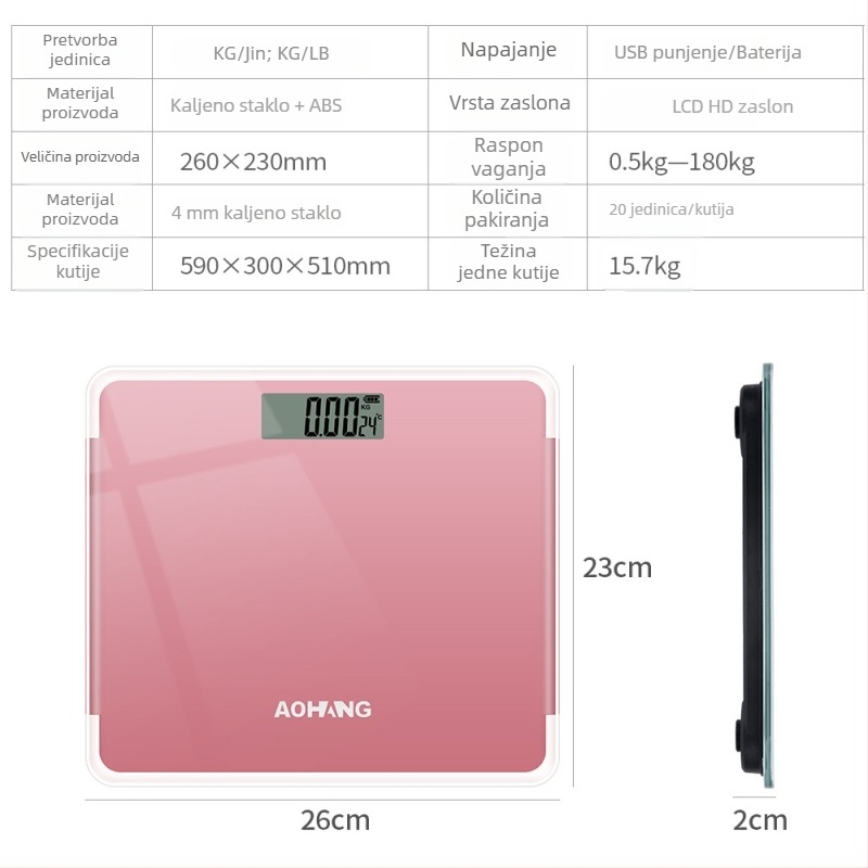 Prilagodljiva digitalna vaga za kupaonicu, kućna vaga za tjelesnu težinu, kapacitet 180 kg, ispis u punoj boji