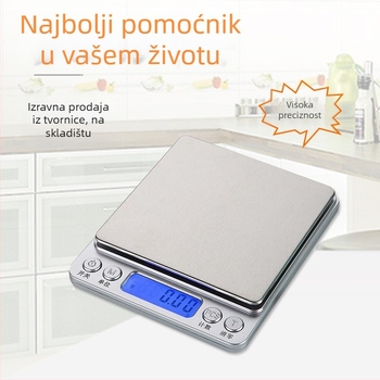I2000 Visoko precizna prijenosna kuhinjska vaga od nehrđajućeg čelika, točnost 0,1 g, kapacitet 500 g–3 kg