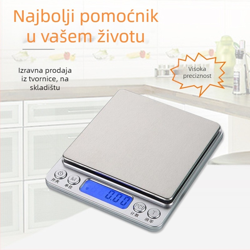 I2000 Visoko precizna prijenosna kuhinjska vaga od nehrđajućeg čelika, točnost 0,1 g, kapacitet 500 g–3 kg