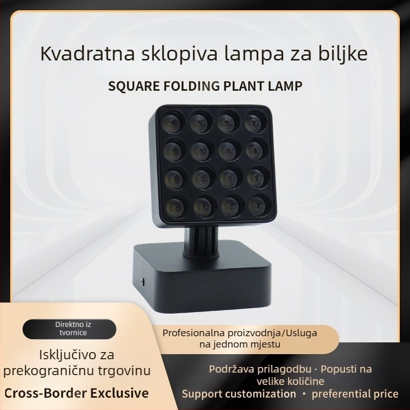 Kvadratna sklopiva rasvjeta za biljke s ugrađenom magnetskom tračnicom LED, inteligentna ugradna usmjerena rasvjeta za dom, crna