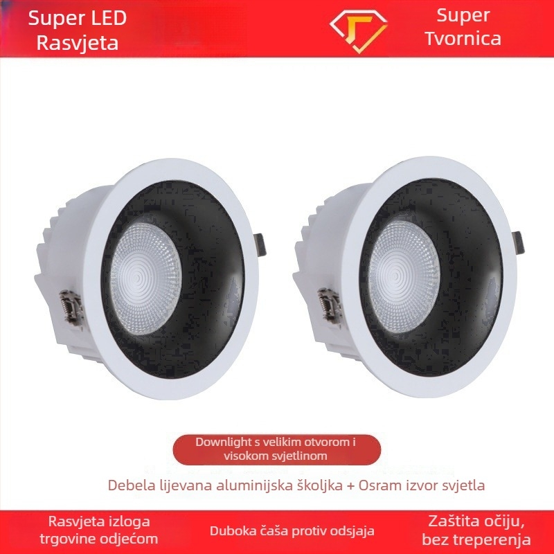 Ugradni COB LED downlight s uskim okvirom, 10–50W, 3000K