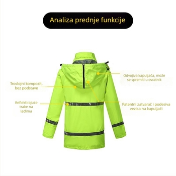 Set kišnog kaputa i hlača za vanjsku uporabu sa reflektirajućim trakama, trostruki sloj kompozitnog materijala, srednje duljine, otporan na vjetar i jaku kišu