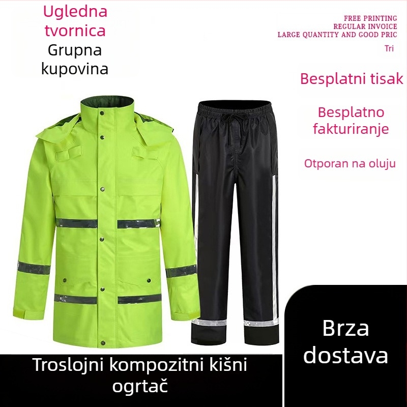 Set kišnog kaputa i hlača za vanjsku uporabu sa reflektirajućim trakama, trostruki sloj kompozitnog materijala, srednje duljine, otporan na vjetar i jaku kišu