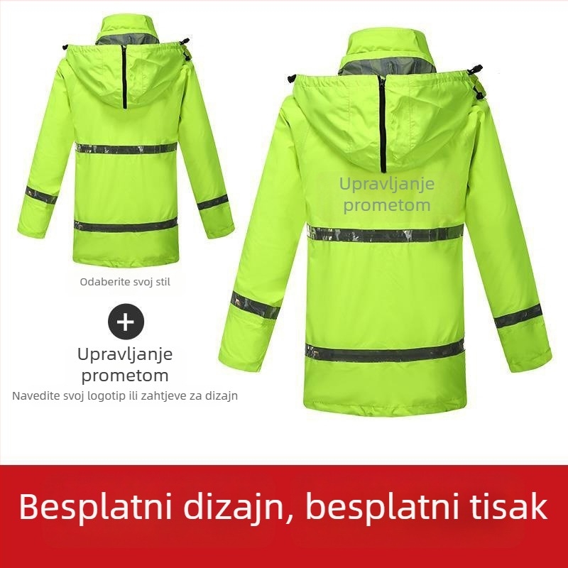 Set kišnog kaputa i hlača za vanjsku uporabu sa reflektirajućim trakama, trostruki sloj kompozitnog materijala, srednje duljine, otporan na vjetar i jaku kišu