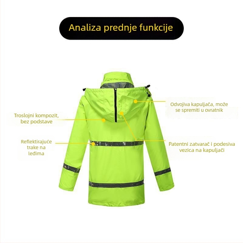 Set kišnog kaputa i hlača za vanjsku uporabu sa reflektirajućim trakama, trostruki sloj kompozitnog materijala, srednje duljine, otporan na vjetar i jaku kišu
