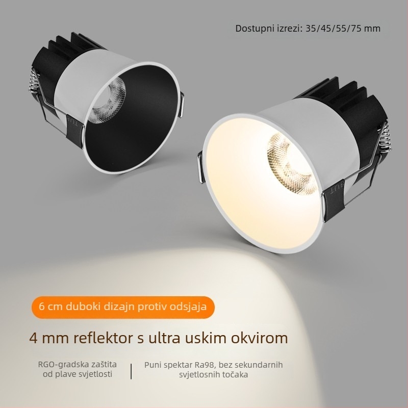 Ugradbeni LED spot svjetlo s izuzetno uskim okvirom, duboko kupolasto tijelo, antirefleksno, potpuno spektralno osvjetljenje za dnevni boravak