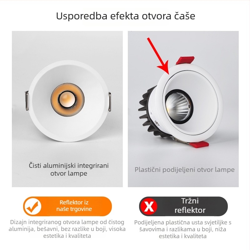 Ugradbeni LED spot svjetlo s izuzetno uskim okvirom, duboko kupolasto tijelo, antirefleksno, potpuno spektralno osvjetljenje za dnevni boravak