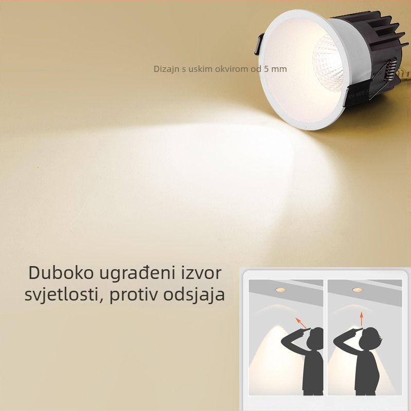 LED downlight s uskim okvirom, duboki anti-sjaj, fiksni kut, COB izvor punog spektra, ugrađeno stropno svjetlo za pranje zida