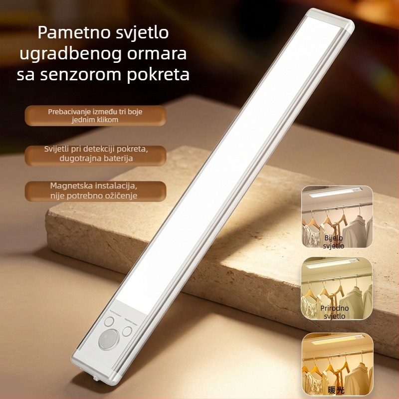 LED svjetlo s senzorom pokreta i magnetskom instalacijom, bez bušenja, punjivo noćno svjetlo za ormariće i garderobere
