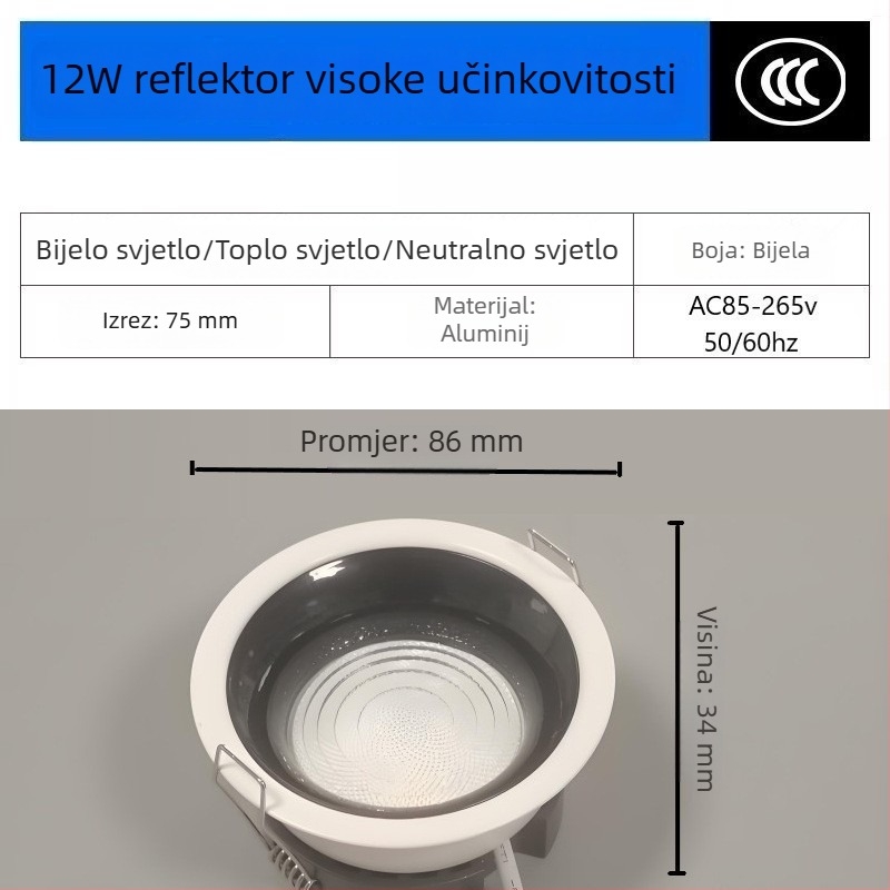 12W LED stropni spot, ugrađeni otvor 75 mm, COB LED, anti-sjaj, zaštita očiju