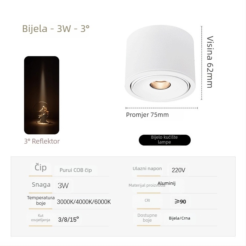 Izuzetno tanak COB spot svjetlo s prilagodljivim kutovima snopa (3°, 8°, 15°) za ambijent čajne sobe, 3W