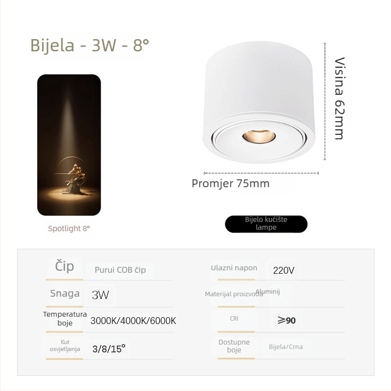 Izuzetno tanak COB spot svjetlo s prilagodljivim kutovima snopa (3°, 8°, 15°) za ambijent čajne sobe, 3W